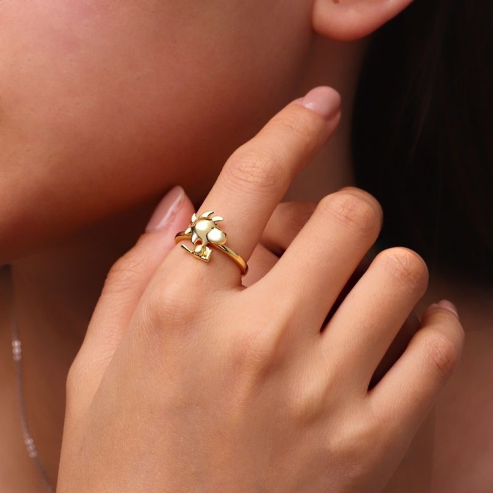 18K Gold Over Sterling Silver Peanuts Woodstock Ring Snoopy Bird Comic Character - Picture 3 of 6